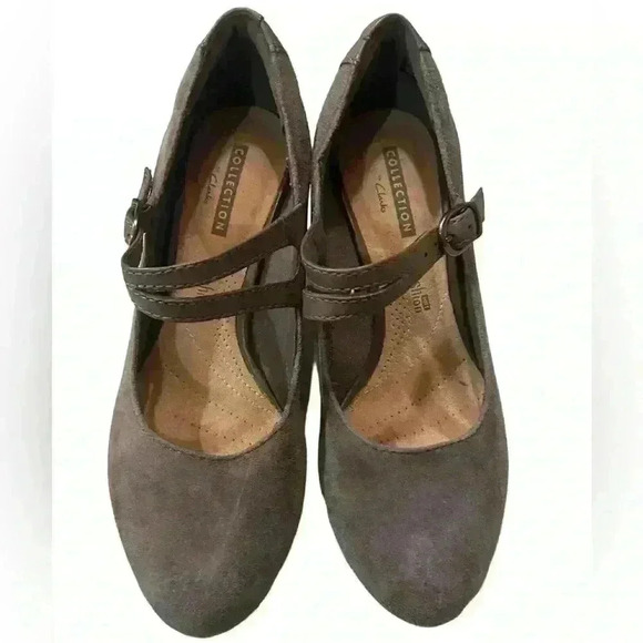 Clarks Women's Dancer Reece  Mary Jane Pump Size 5 Stacked Heel Grey Suede Comfy - Picture 4 of 8